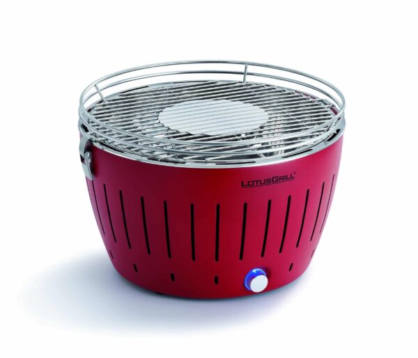 LotusGrill Standard smokeless charcoal grill red top and side view